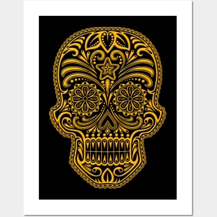 Intricate Yellow and Black Sugar Skull Posters and Art